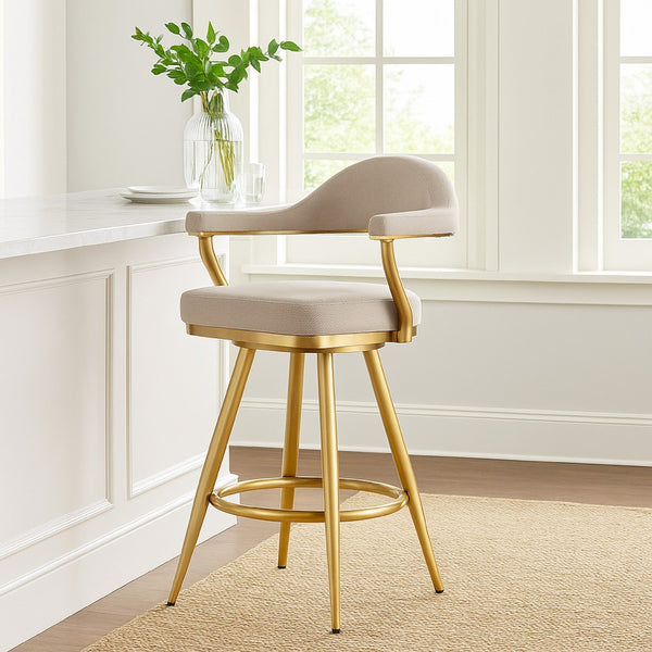 Justy Swivel Counter Stool Chair, Gold Steel Legs, Taupe Polyester - BM339155
