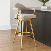 Justy Swivel Barstool Chair, Gold Steel Taper Legs, Taupe Polyester - BM339156