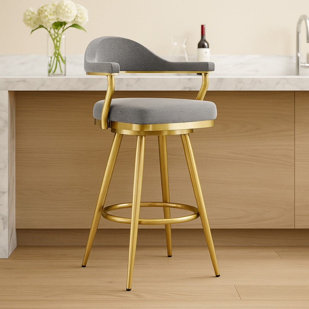 Justy Swivel Barstool Chair, Gold Steel Taper Legs, Gray Polyester - BM339158