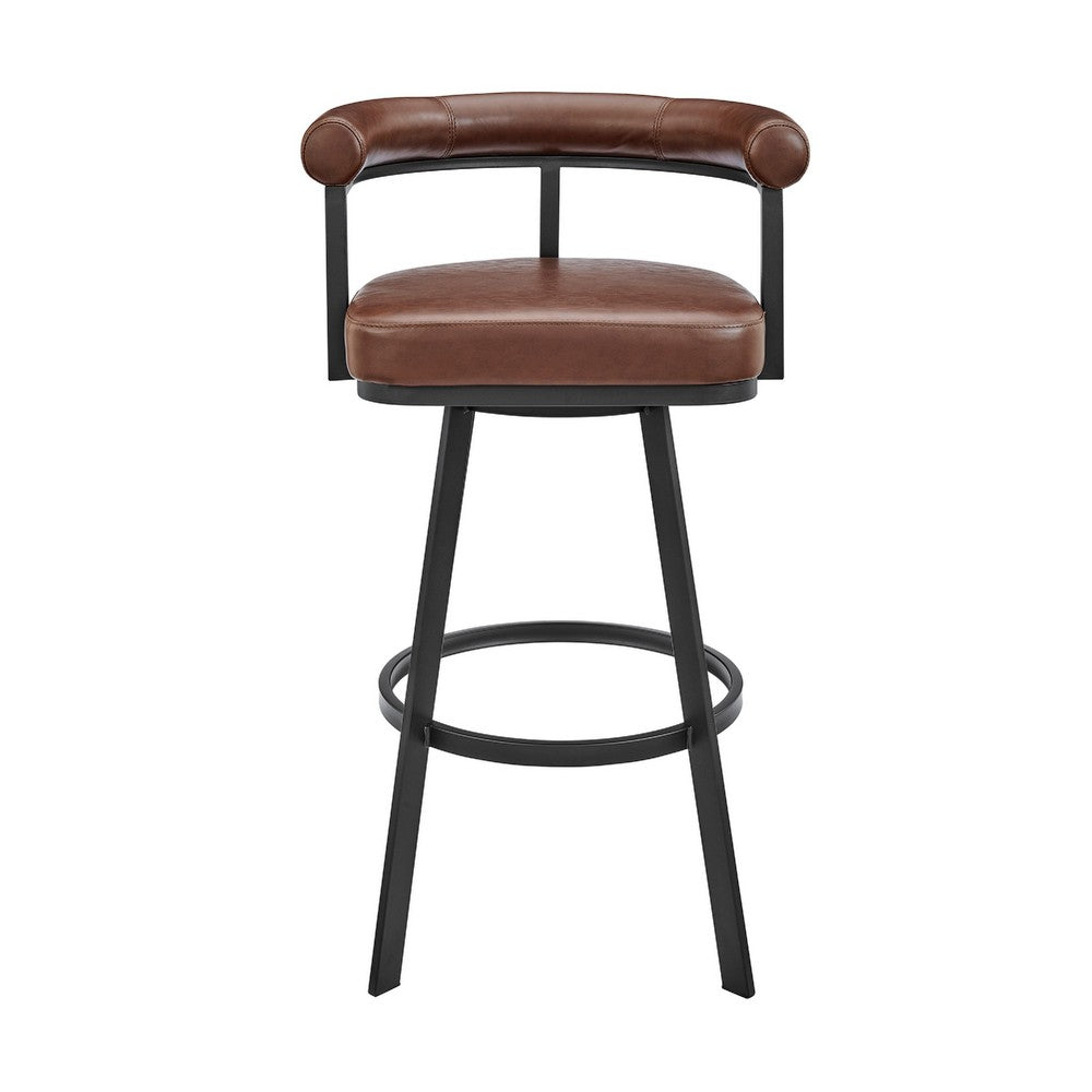 Weni Swivel Barstool Chair, Brown Faux Leather, Black Iron Frame - BM339178