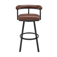 Weni Swivel Barstool Chair, Brown Faux Leather, Black Iron Frame - BM339178