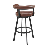 Weni Swivel Barstool Chair, Brown Faux Leather, Black Iron Frame - BM339178