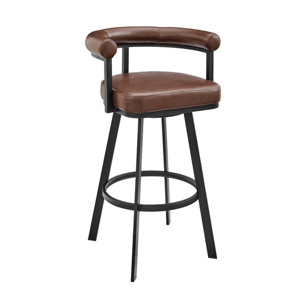 Weni Swivel Barstool Chair, Brown Faux Leather, Black Iron Frame - BM339178