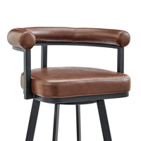 Weni Swivel Barstool Chair, Brown Faux Leather, Black Iron Frame - BM339178