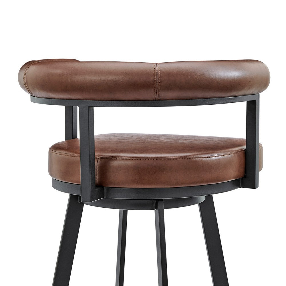 Weni Swivel Barstool Chair, Brown Faux Leather, Black Iron Frame - BM339178