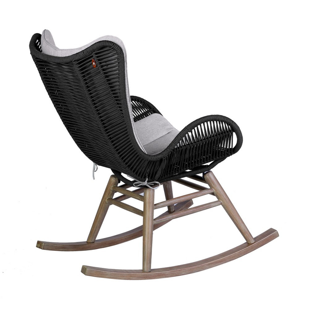 Mina Outdoor Rocking Chair, Gray Rope Woven Back, Eucalyptus Wood - BM339181
