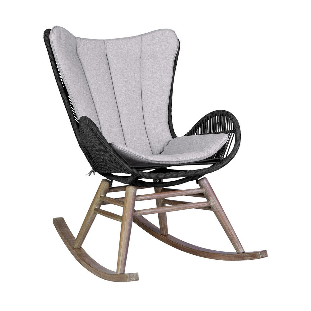 Mina Outdoor Rocking Chair, Gray Rope Woven Back, Eucalyptus Wood - BM339181