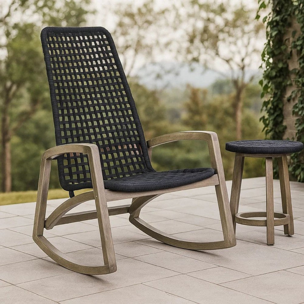 Gynn Outdoor Rocking Chair, Black Rope Woven, Light Brown Eucalyptus - BM339183