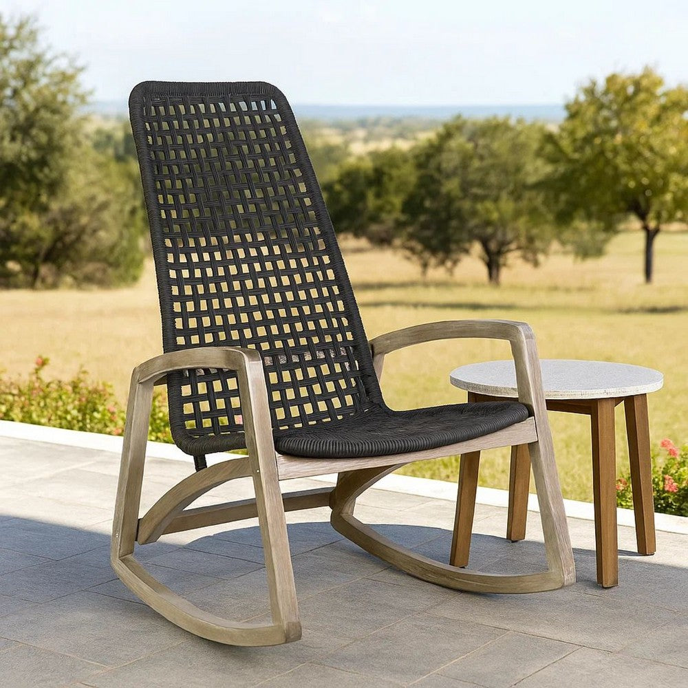 Gynn Outdoor Rocking Chair, Black Rope Woven, Light Brown Eucalyptus - BM339183