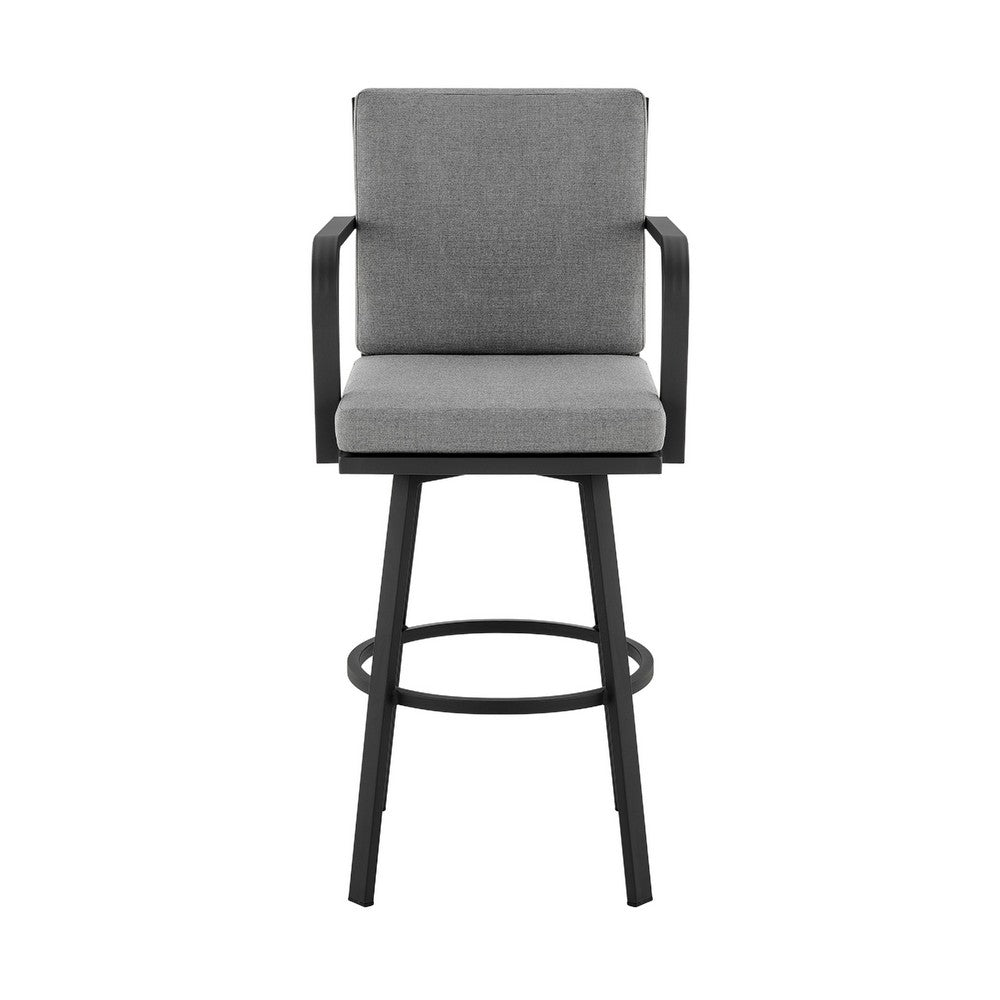 Fely Outdoor Swivel Barstool Chair, Black Aluminum and Gray Cushions - BM339185