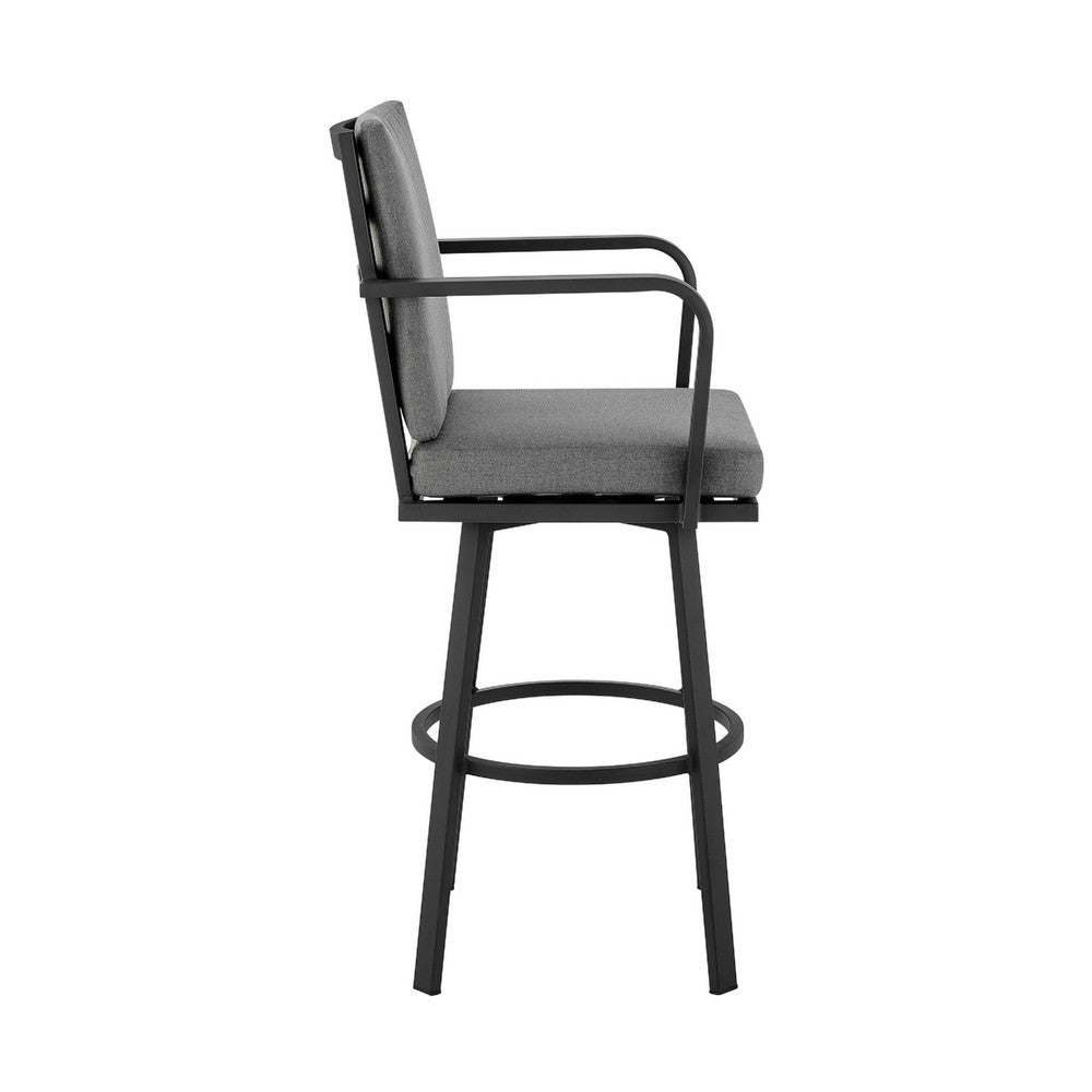 Fely Outdoor Swivel Barstool Chair, Black Aluminum and Gray Cushions - BM339185