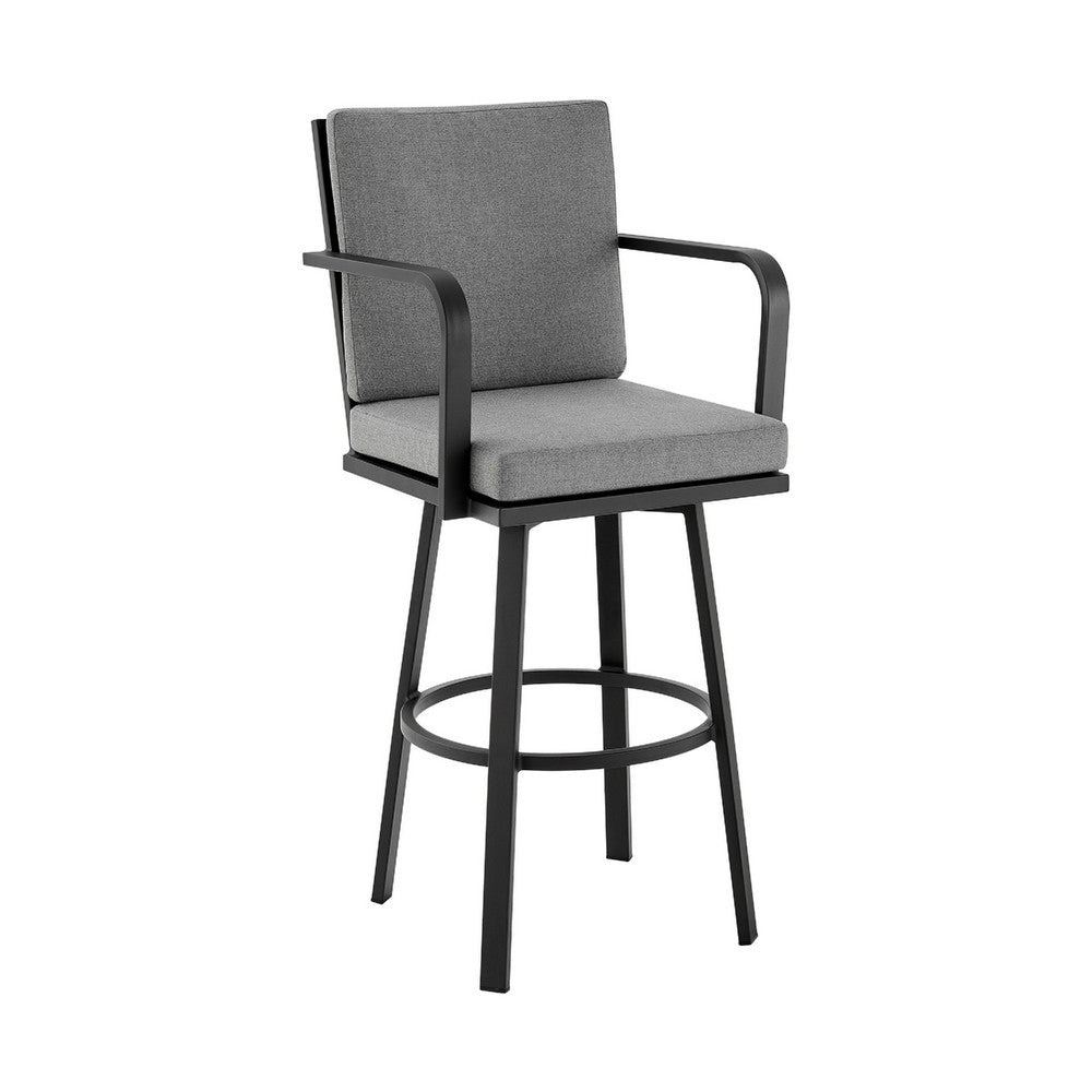 Fely Outdoor Swivel Barstool Chair, Black Aluminum and Gray Cushions - BM339185