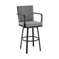 Fely Outdoor Swivel Barstool Chair, Black Aluminum and Gray Cushions - BM339185