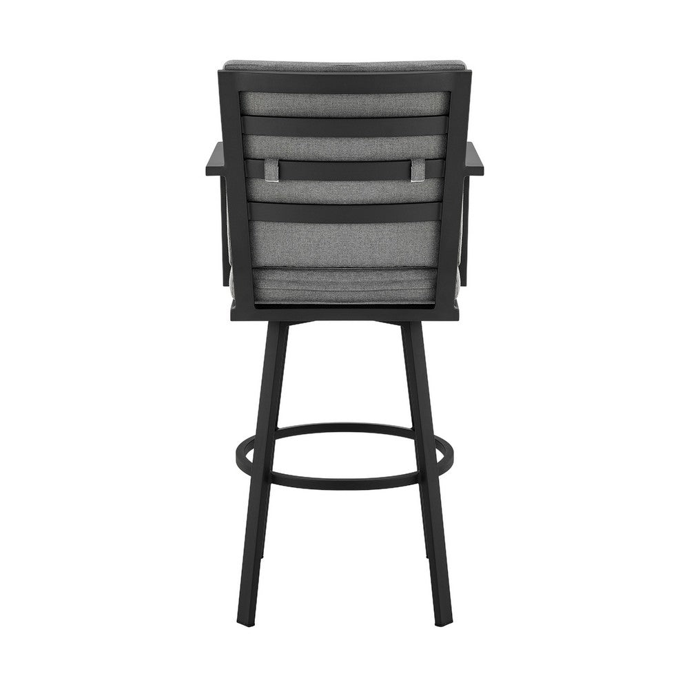 Fely Outdoor Swivel Barstool Chair, Black Aluminum and Gray Cushions - BM339185