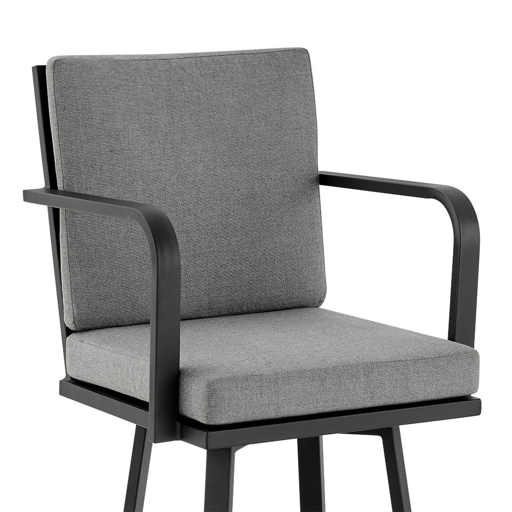 Fely Outdoor Swivel Barstool Chair, Black Aluminum and Gray Cushions - BM339185