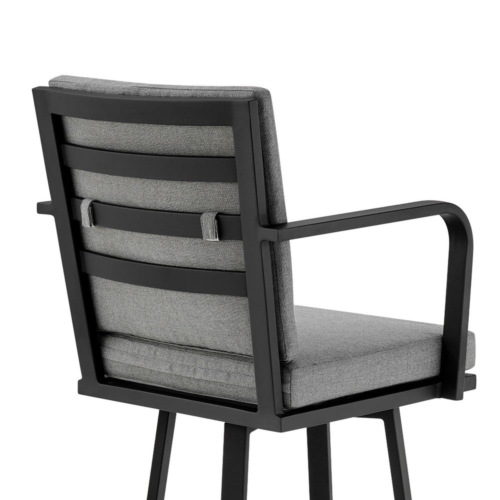 Fely Outdoor Swivel Barstool Chair, Black Aluminum and Gray Cushions - BM339185