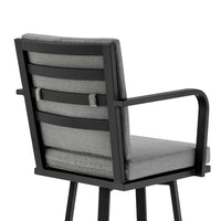 Fely Outdoor Swivel Barstool Chair, Black Aluminum and Gray Cushions - BM339185