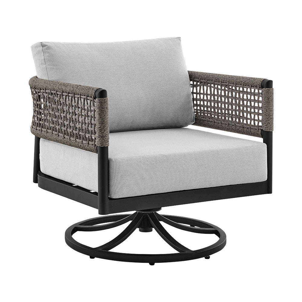 Adiy Outdoor Swivel Rocking Chair, Gray Rope Woven, Black Aluminum - BM339188