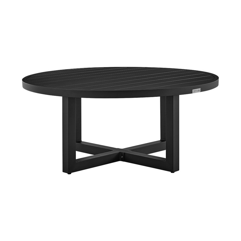 Enya Outdoor Coffee Table, 42 Inch Slatted Round Top, Black Aluminum - BM339190