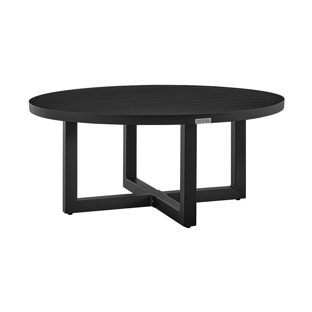 Enya Outdoor Coffee Table, 42 Inch Slatted Round Top, Black Aluminum - BM339190
