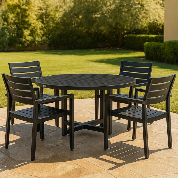 Enya Outdoor Coffee Table, 42 Inch Slatted Round Top, Black Aluminum - BM339190
