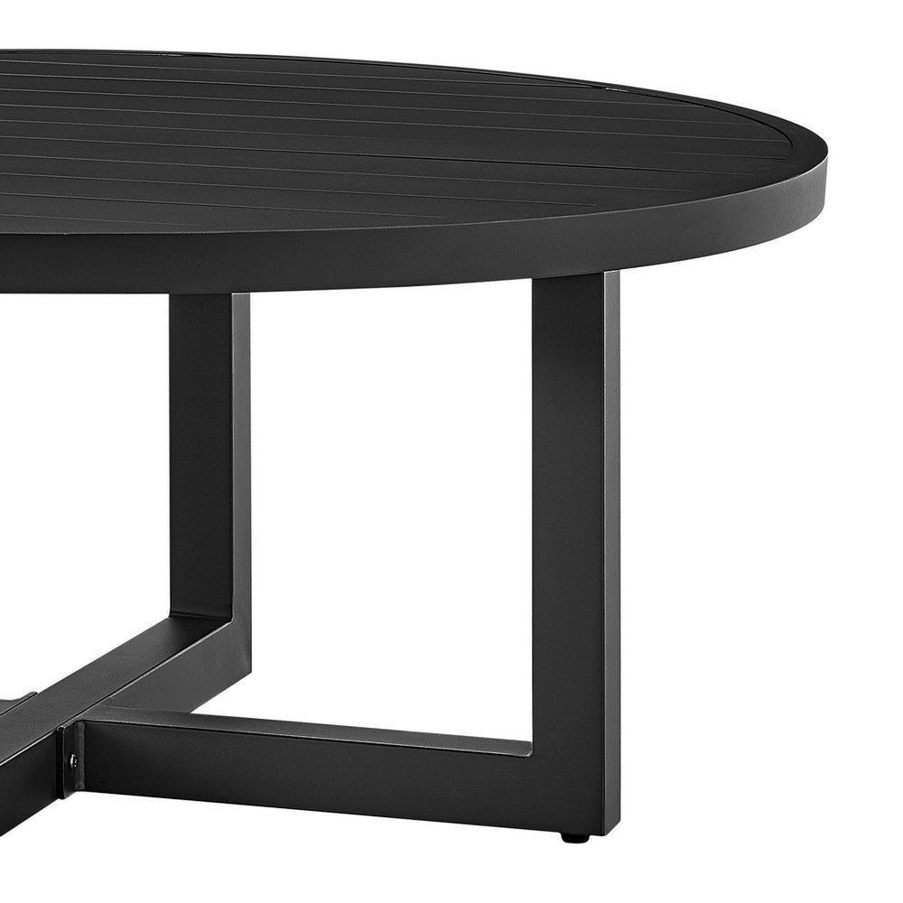 Enya Outdoor Coffee Table, 42 Inch Slatted Round Top, Black Aluminum - BM339190