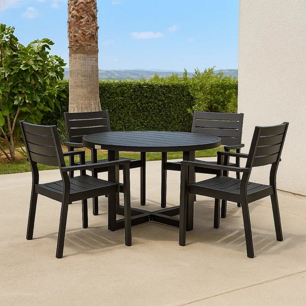 Enya Outdoor Coffee Table, 42 Inch Slatted Round Top, Black Aluminum - BM339190