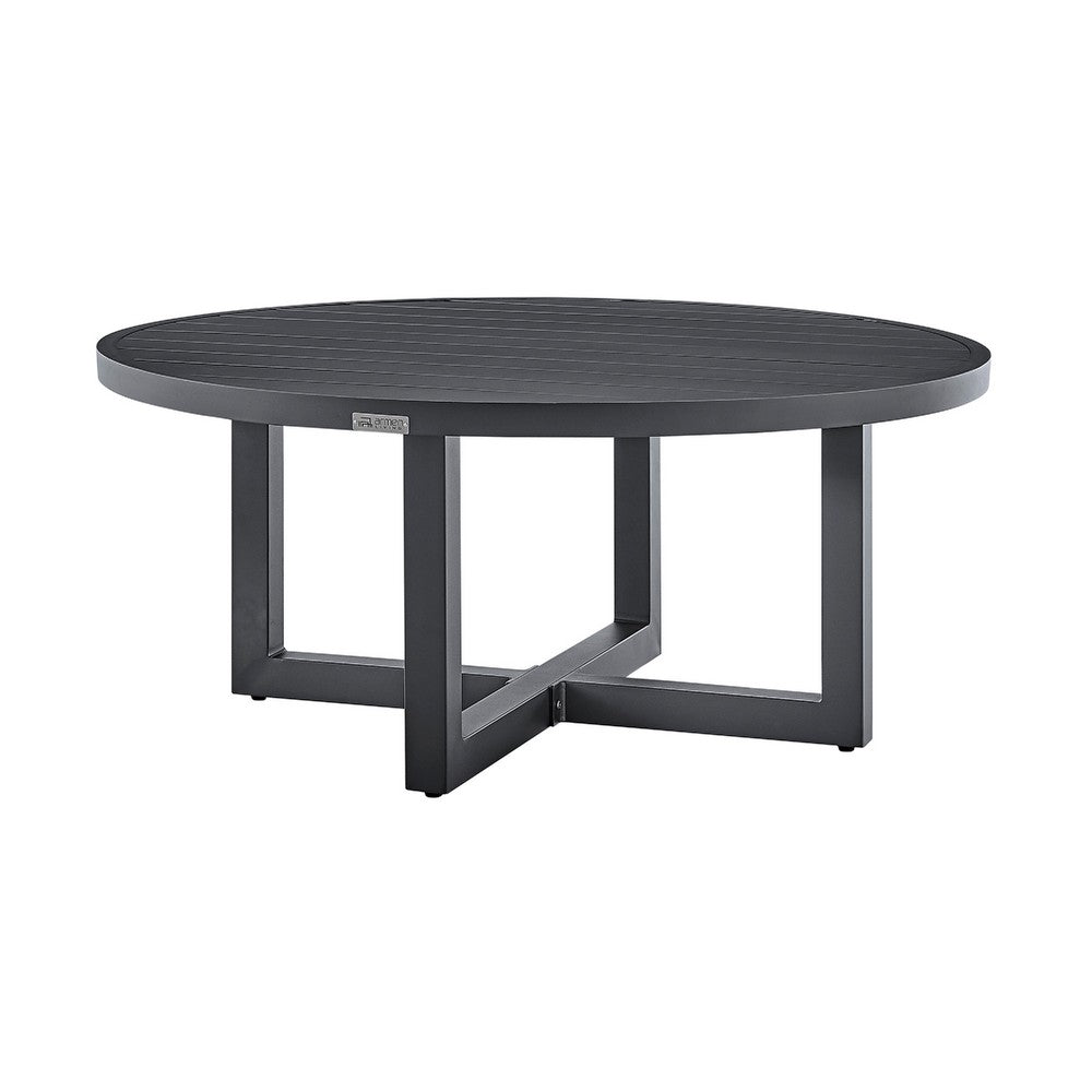 Enya Outdoor Coffee Table, 42 Inch Slatted Round Top, Gray Aluminum - BM339191