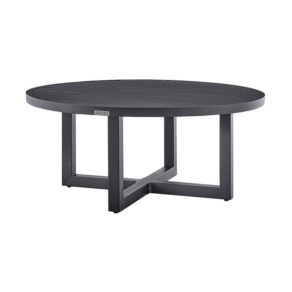 Enya Outdoor Coffee Table, 42 Inch Slatted Round Top, Gray Aluminum - BM339191