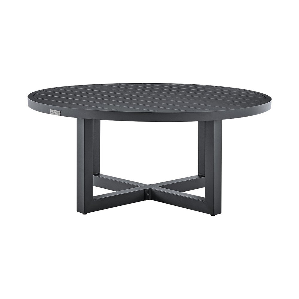 Enya Outdoor Coffee Table, 42 Inch Slatted Round Top, Gray Aluminum - BM339191