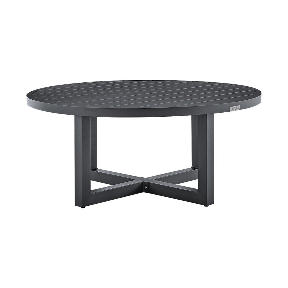 Enya Outdoor Coffee Table, 42 Inch Slatted Round Top, Gray Aluminum - BM339191