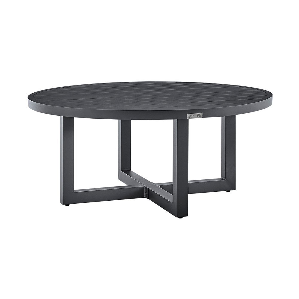 Enya Outdoor Coffee Table, 42 Inch Slatted Round Top, Gray Aluminum - BM339191