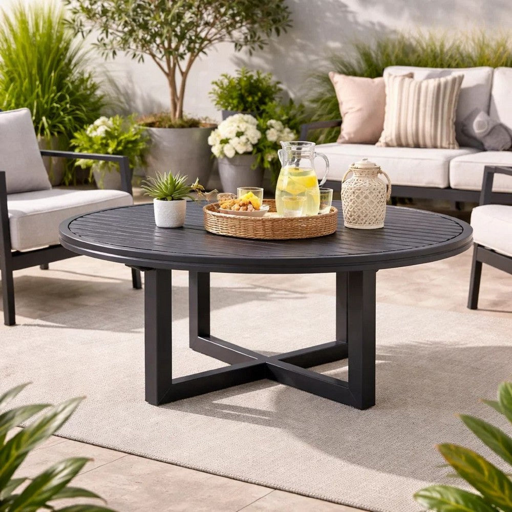 Enya Outdoor Coffee Table, 42 Inch Slatted Round Top, Gray Aluminum - BM339191