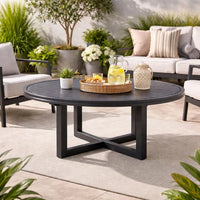Enya Outdoor Coffee Table, 42 Inch Slatted Round Top, Gray Aluminum - BM339191
