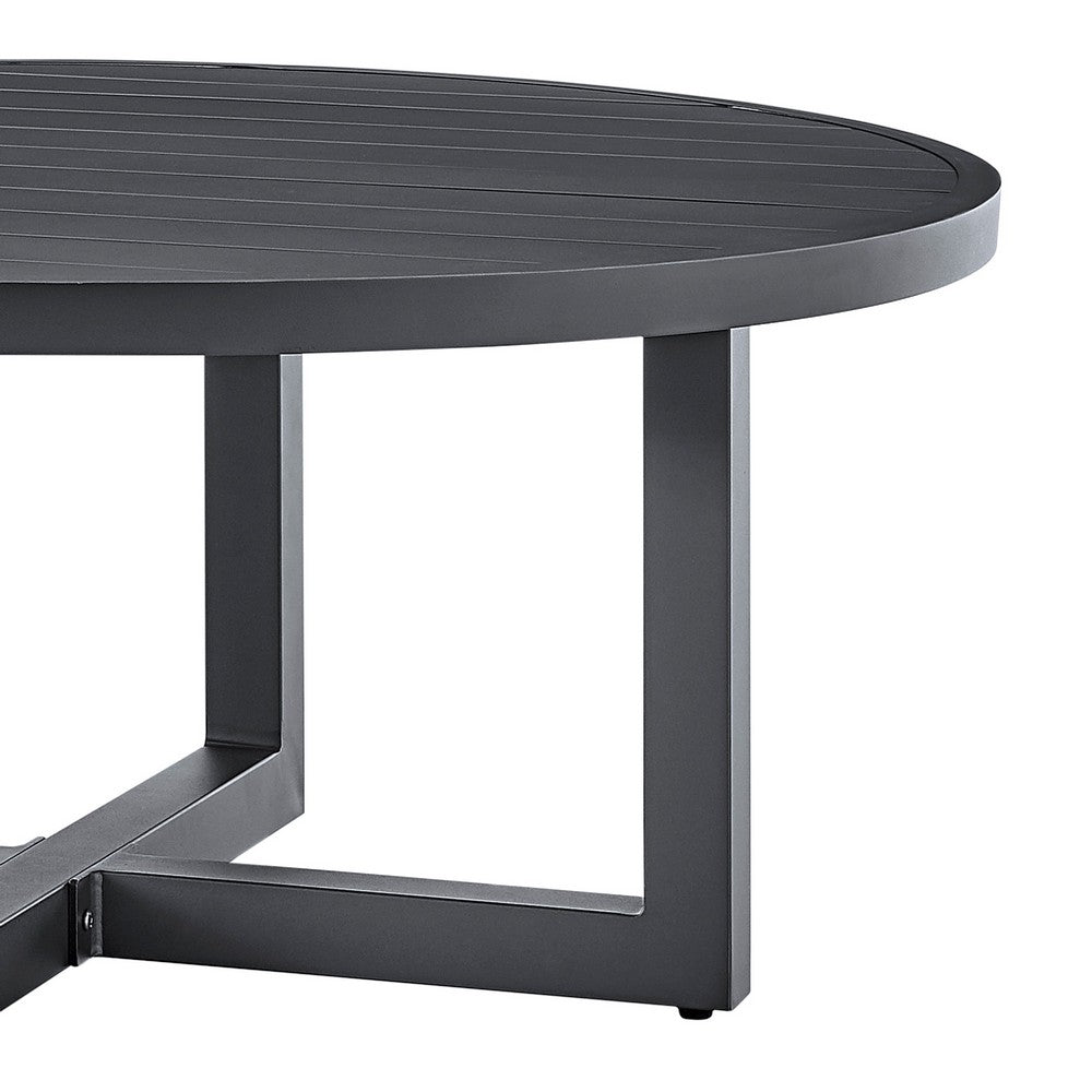Enya Outdoor Coffee Table, 42 Inch Slatted Round Top, Gray Aluminum - BM339191