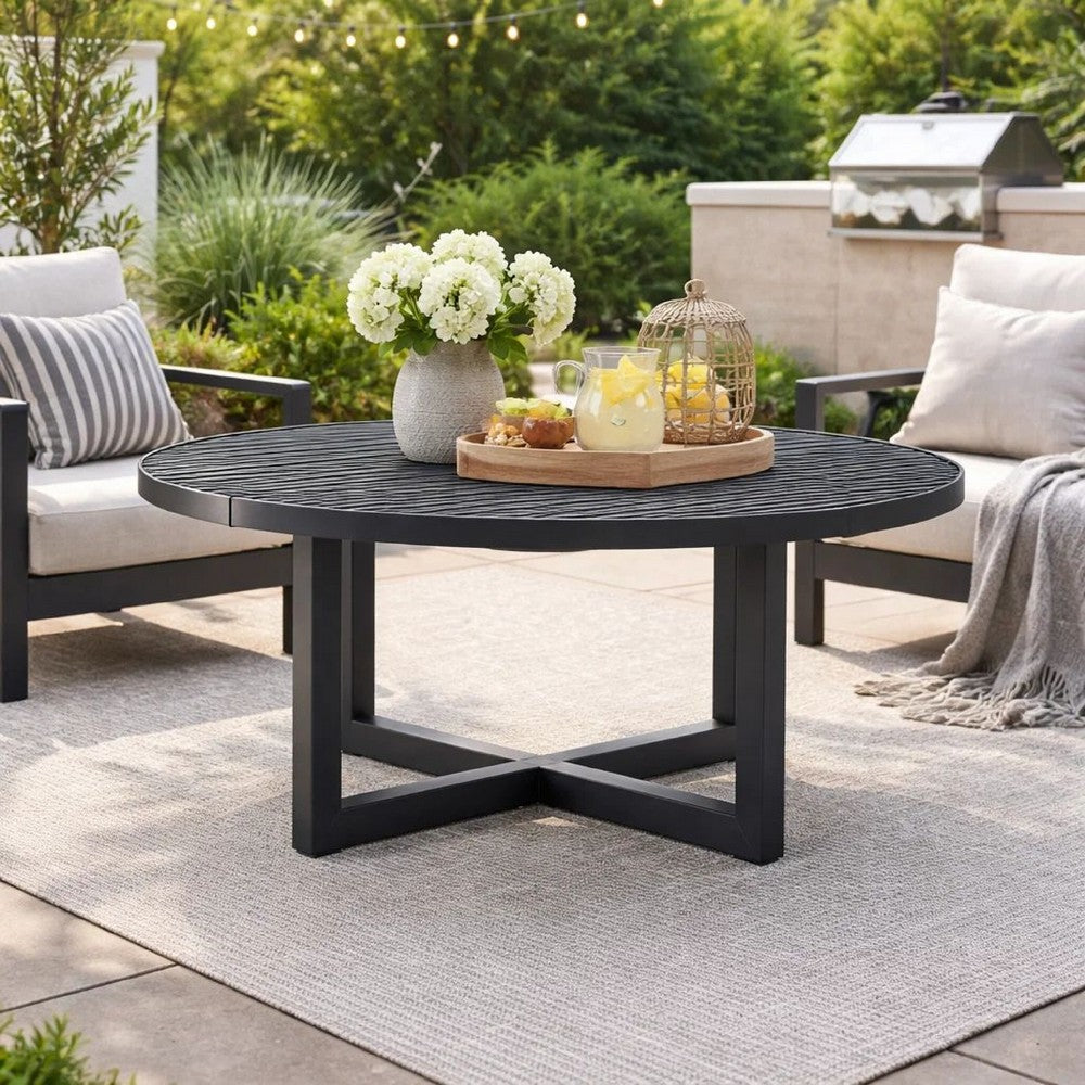 Enya Outdoor Coffee Table, 42 Inch Slatted Round Top, Gray Aluminum - BM339191