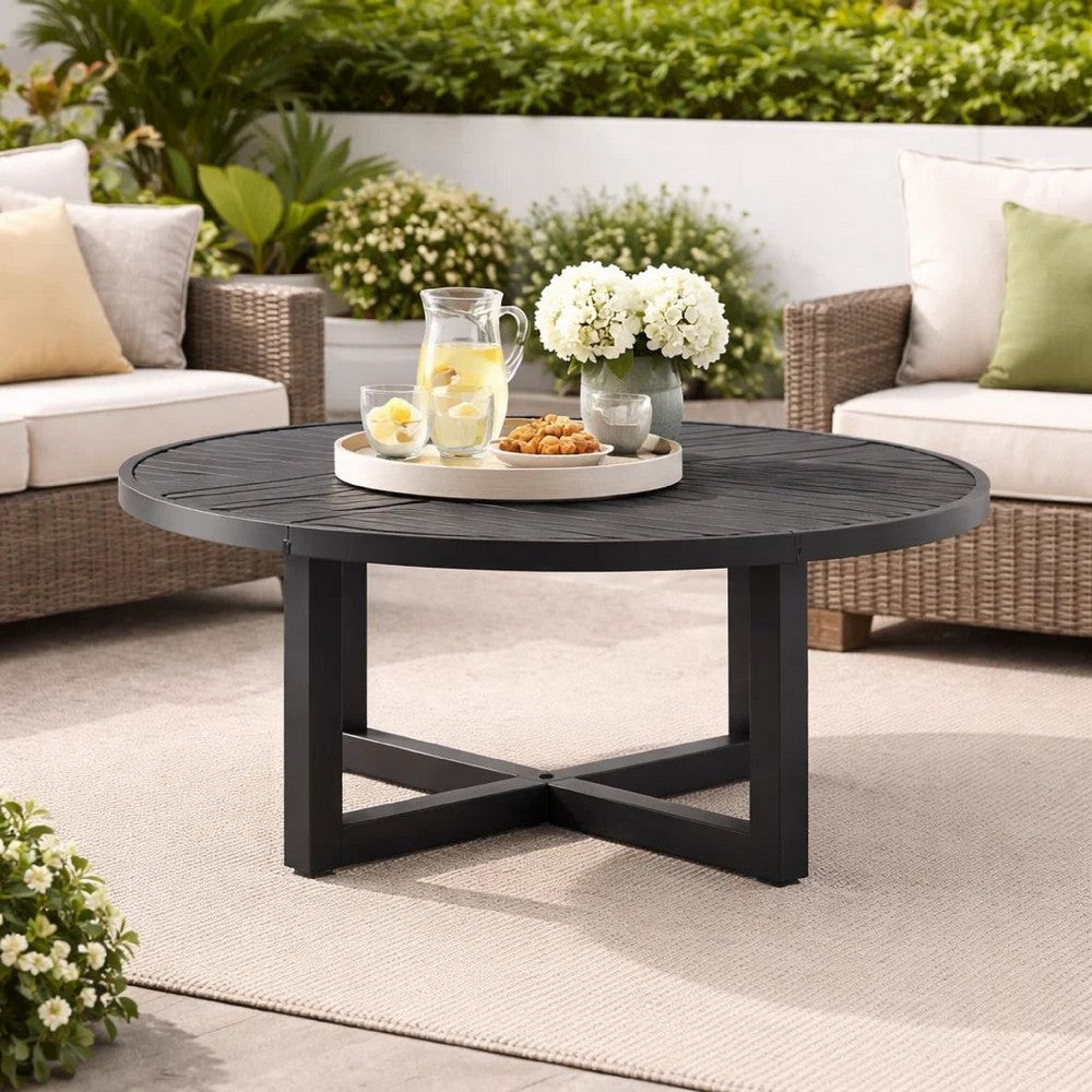 Enya Outdoor Coffee Table, 42 Inch Slatted Round Top, Gray Aluminum - BM339191