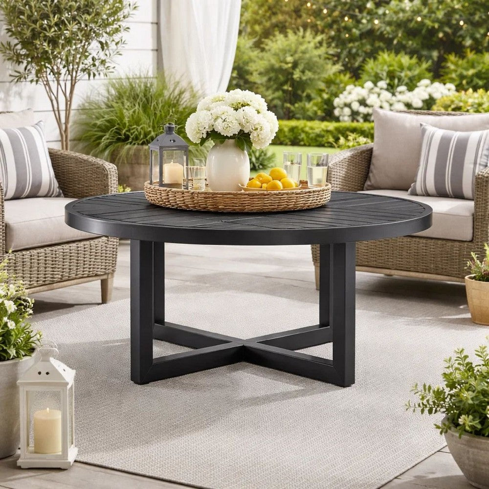 Enya Outdoor Coffee Table, 42 Inch Slatted Round Top, Gray Aluminum - BM339191