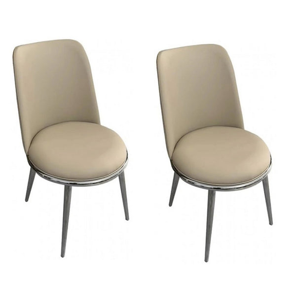 Relli Side Dining Chair Set of 2, Silver Metal, Taupe Faux Leather Round Seats - BM339201