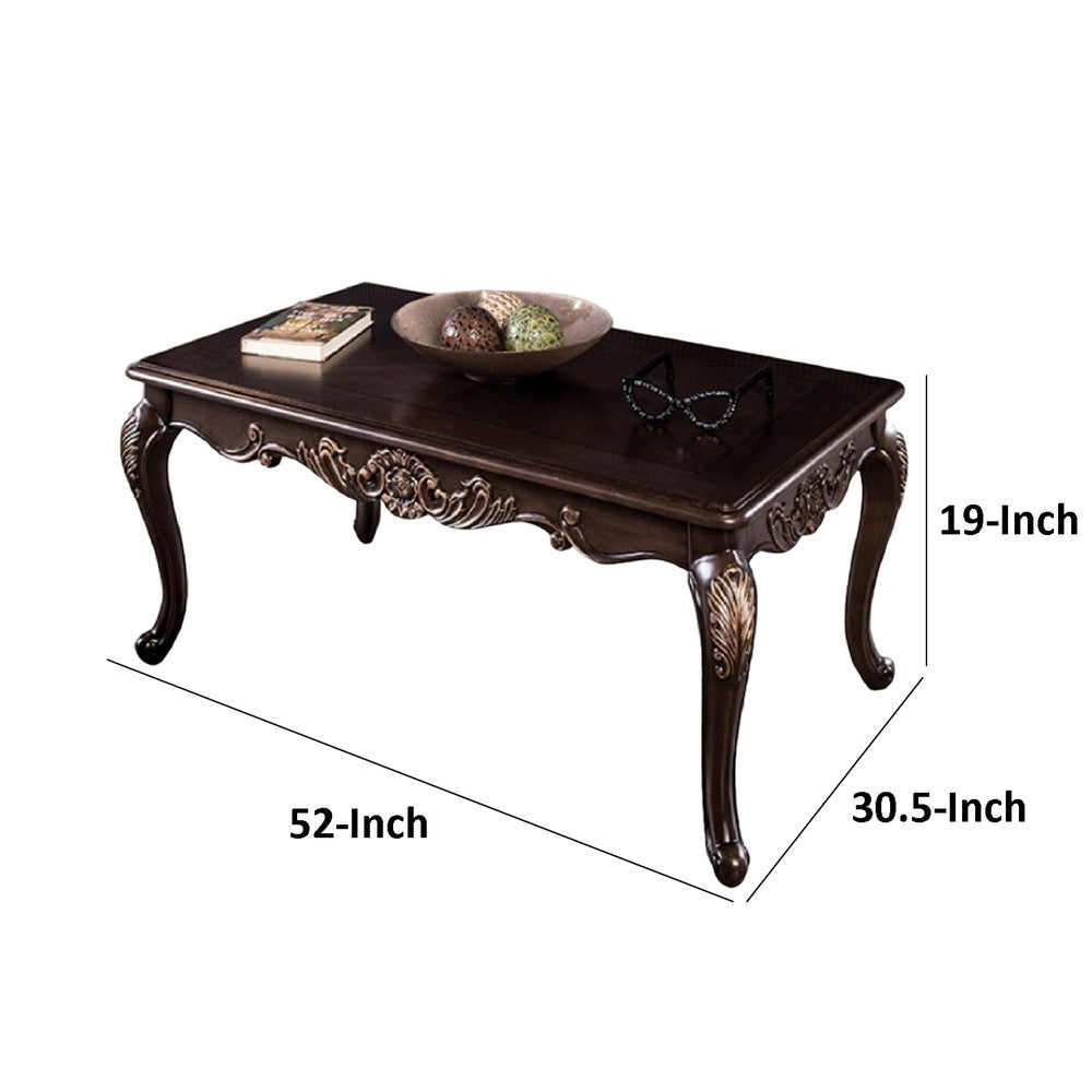 Astor Coffee Table, 52 Inch Dark Cherry Brown Wood, Carved Details - BM339204