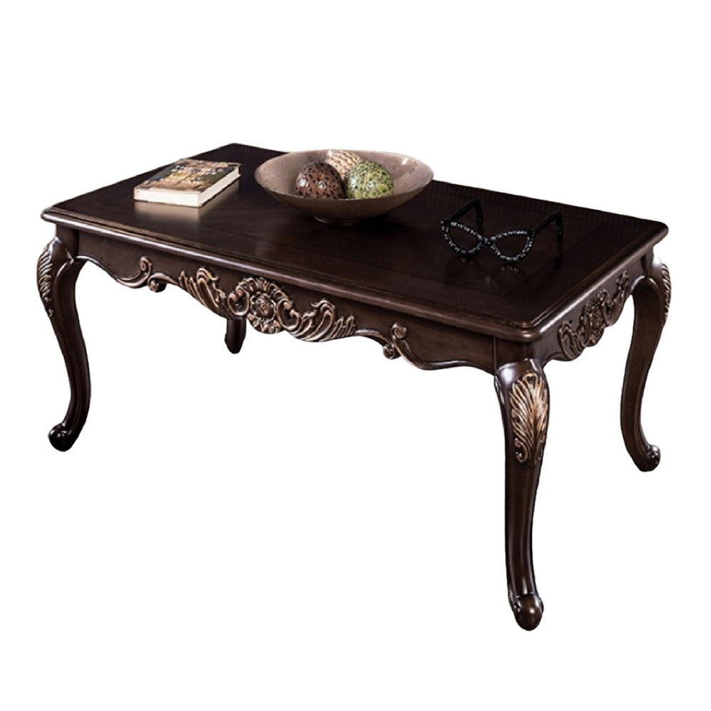 Astor Coffee Table, 52 Inch Dark Cherry Brown Wood, Carved Details - BM339204