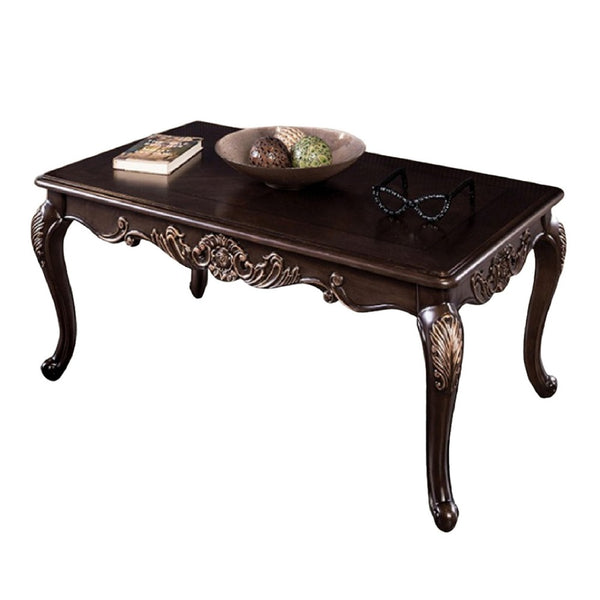 Astor Coffee Table, 52 Inch Dark Cherry Brown Wood, Carved Details - BM339204
