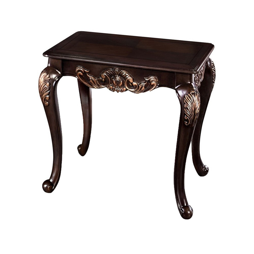 Astor End Table, 29 Inch Dark Cherry Brown Wood, Carved Details - BM339205