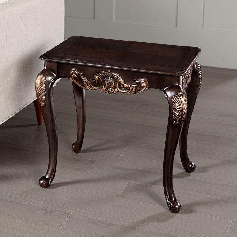 Astor End Table, 29 Inch Dark Cherry Brown Wood, Carved Details - BM339205