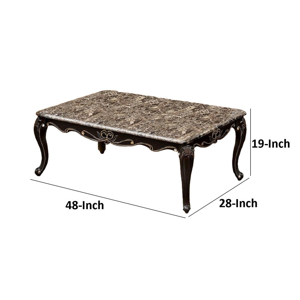 Ery Coffee Table, Dark Walnut Brown Wood, Carved Details, 48 Inch - BM339206