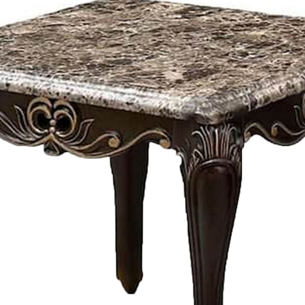 Ery End Table, Dark Walnut Brown Wood, Carved Details, 28 Inch - BM339207