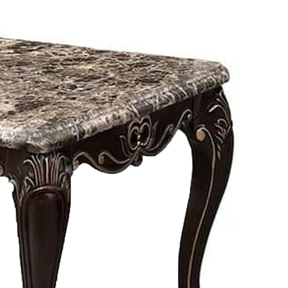 Ery End Table, Dark Walnut Brown Wood, Carved Details, 28 Inch - BM339207