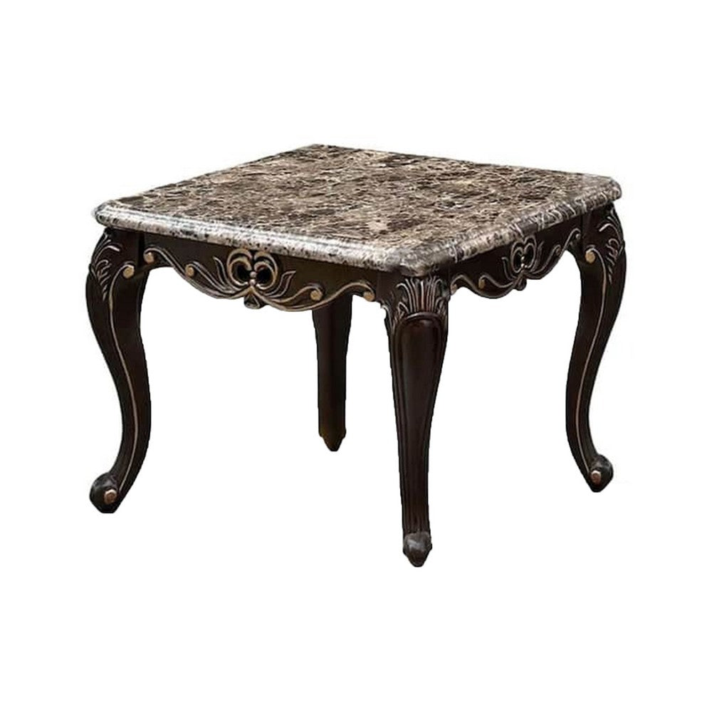 Ery End Table, Dark Walnut Brown Wood, Carved Details, 28 Inch - BM339207