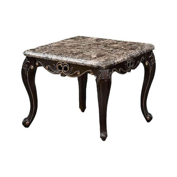 Ery End Table, Dark Walnut Brown Wood, Carved Details, 28 Inch - BM339207