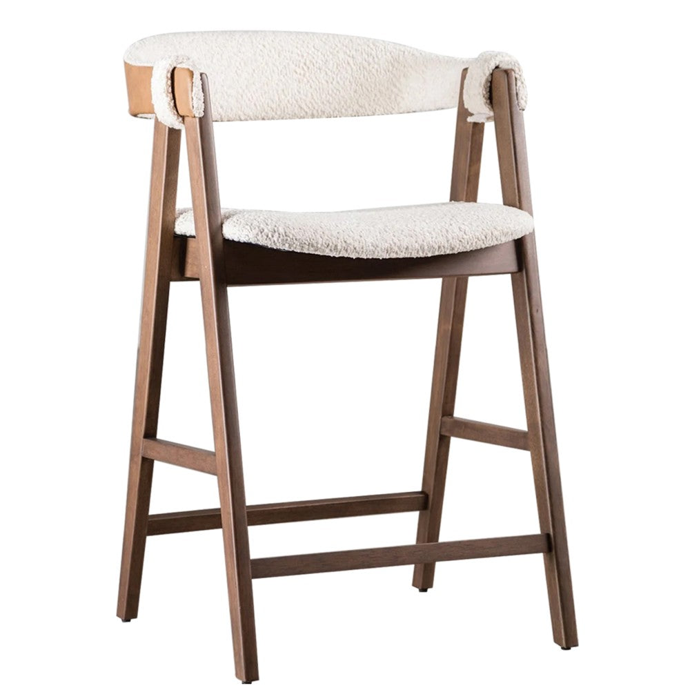 Ebik Counter Stool Chair Set of 2, Walnut Brown Wood, Beige Boucle - BM339252